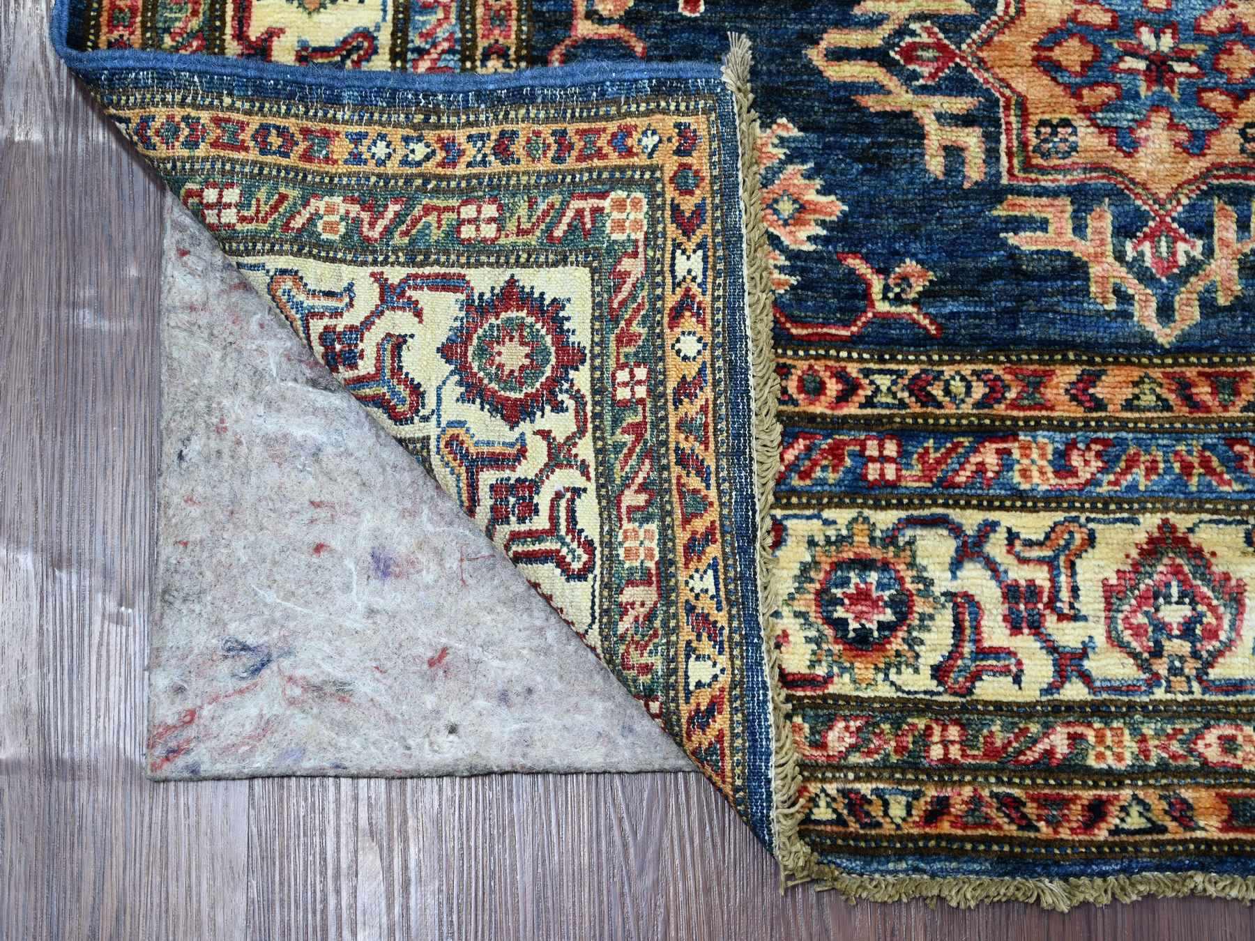 4'x6' Navy Blue, Hand Knotted, Afghan Super Kazak with Geometric Medallions Design, Pure Wool, Vegetable Dyes, Oriental Rug HR21346 - Image 2