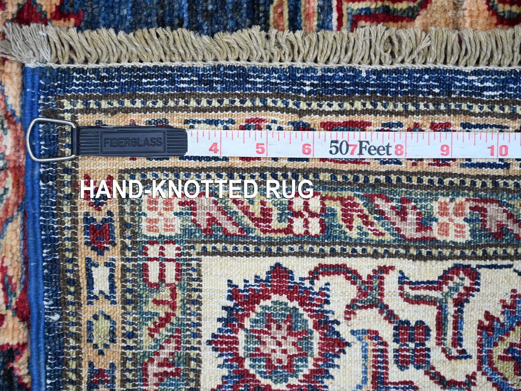 4'x6' Navy Blue, Hand Knotted, Afghan Super Kazak with Geometric Medallions Design, Pure Wool, Vegetable Dyes, Oriental Rug HR21346 - Image 6