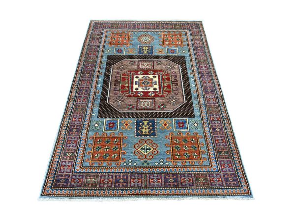 4'2"x6'2" Stone Blue, Afghan Super Kazak with Geometric Medallion Design, Hand Knotted, Soft Wool, Vegetable Dyes, Oriental Rug HR21347