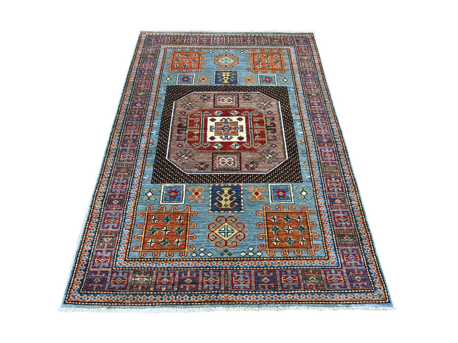 4'2"x6'2" Stone Blue, Afghan Super Kazak with Geometric Medallion Design, Hand Knotted, Soft Wool, Vegetable Dyes, Oriental Rug HR21347