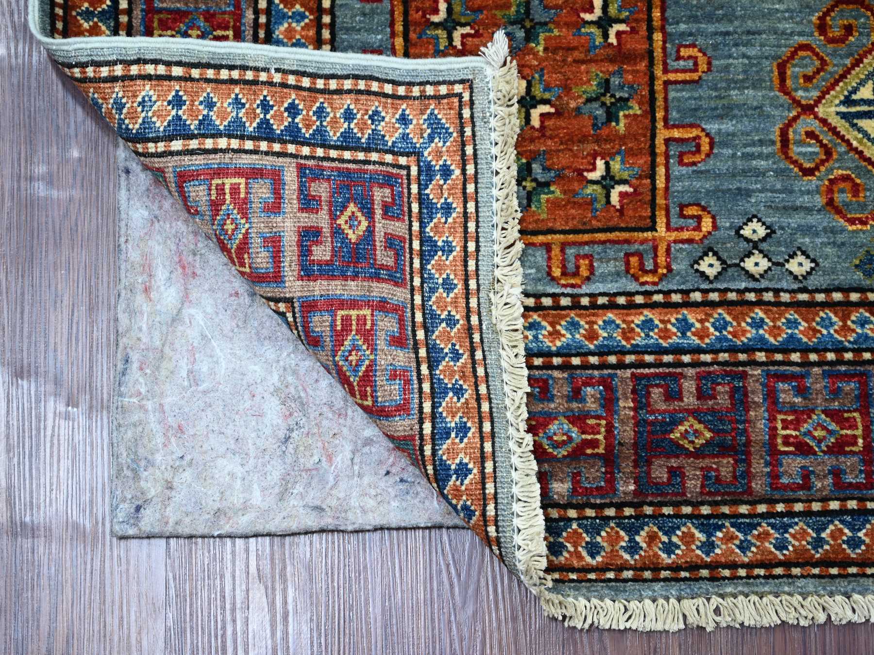4'2"x6'2" Stone Blue, Afghan Super Kazak with Geometric Medallion Design, Hand Knotted, Soft Wool, Vegetable Dyes, Oriental Rug HR21347 - Image 2