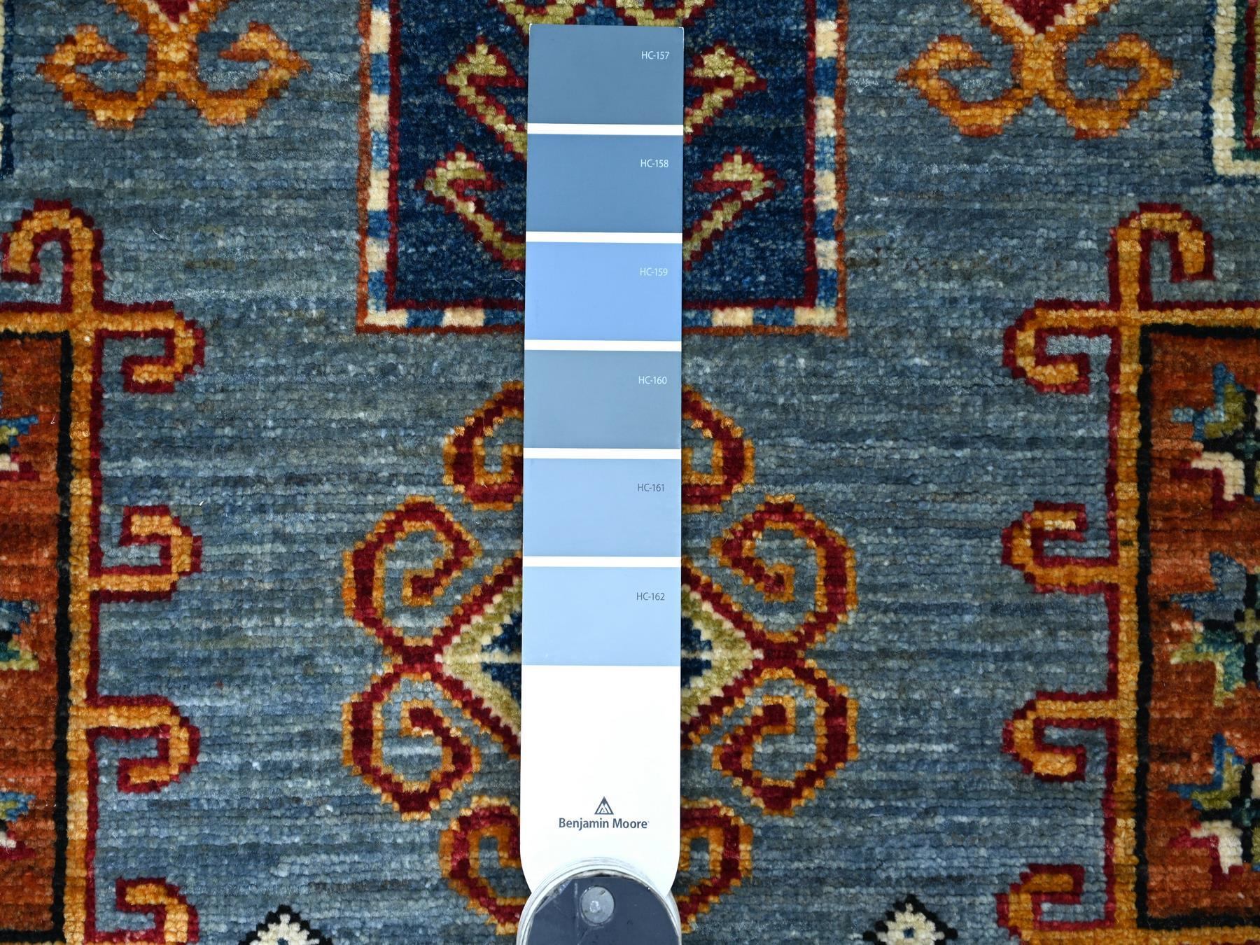 4'2"x6'2" Stone Blue, Afghan Super Kazak with Geometric Medallion Design, Hand Knotted, Soft Wool, Vegetable Dyes, Oriental Rug HR21347 - Image 3