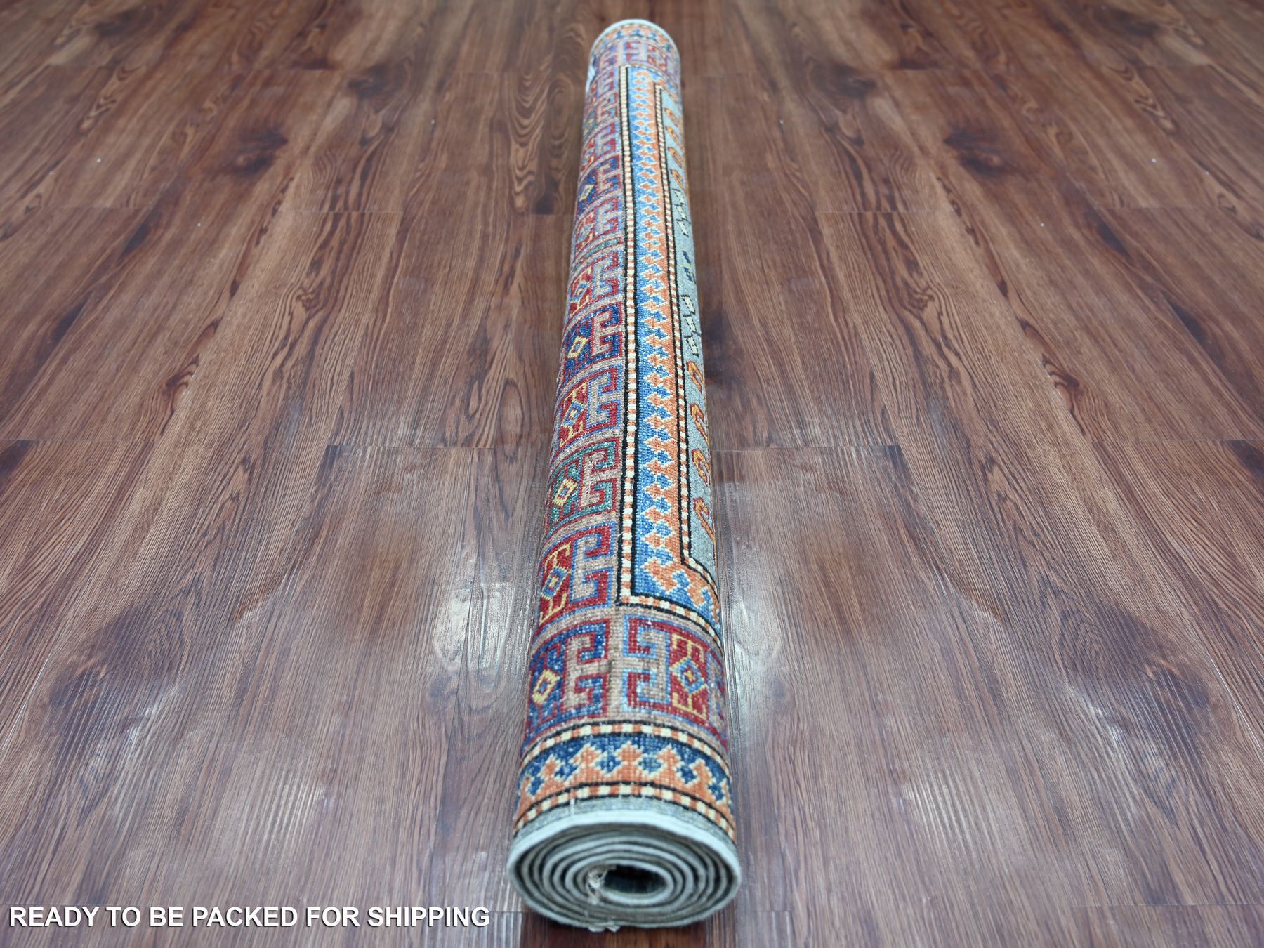 4'2"x6'2" Stone Blue, Afghan Super Kazak with Geometric Medallion Design, Hand Knotted, Soft Wool, Vegetable Dyes, Oriental Rug HR21347 - Image 4