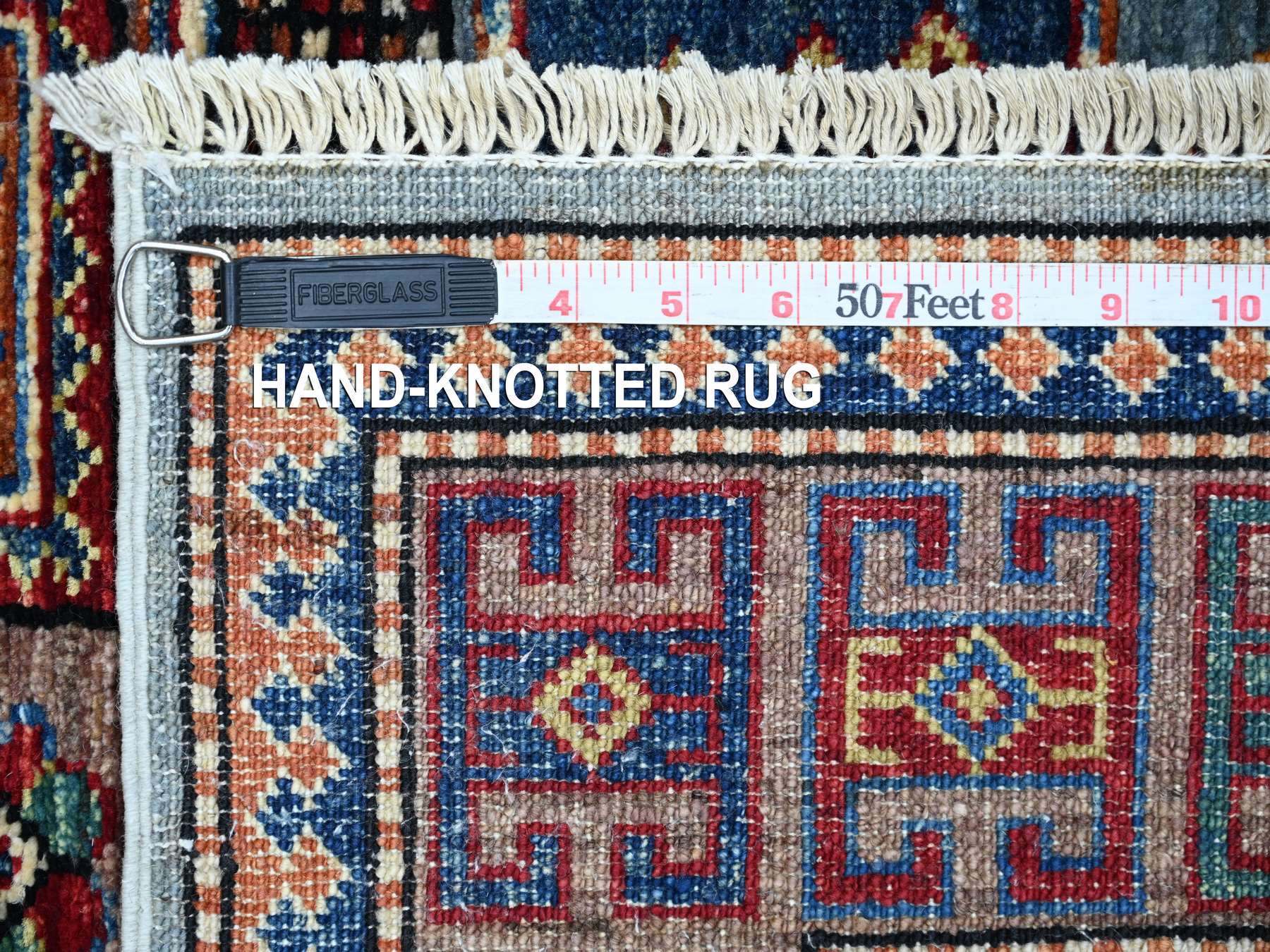 4'2"x6'2" Stone Blue, Afghan Super Kazak with Geometric Medallion Design, Hand Knotted, Soft Wool, Vegetable Dyes, Oriental Rug HR21347 - Image 6