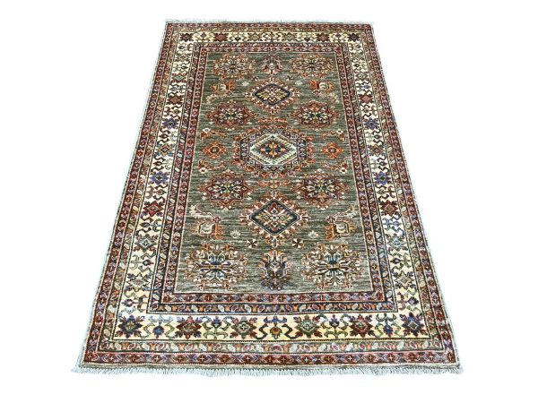 4'x6' Ash Gray, Afghan Super Kazak with Tribal Medallions Design, Hand Knotted, 100% Wool, Vegetable Dyes, Oriental Rug HR21348
