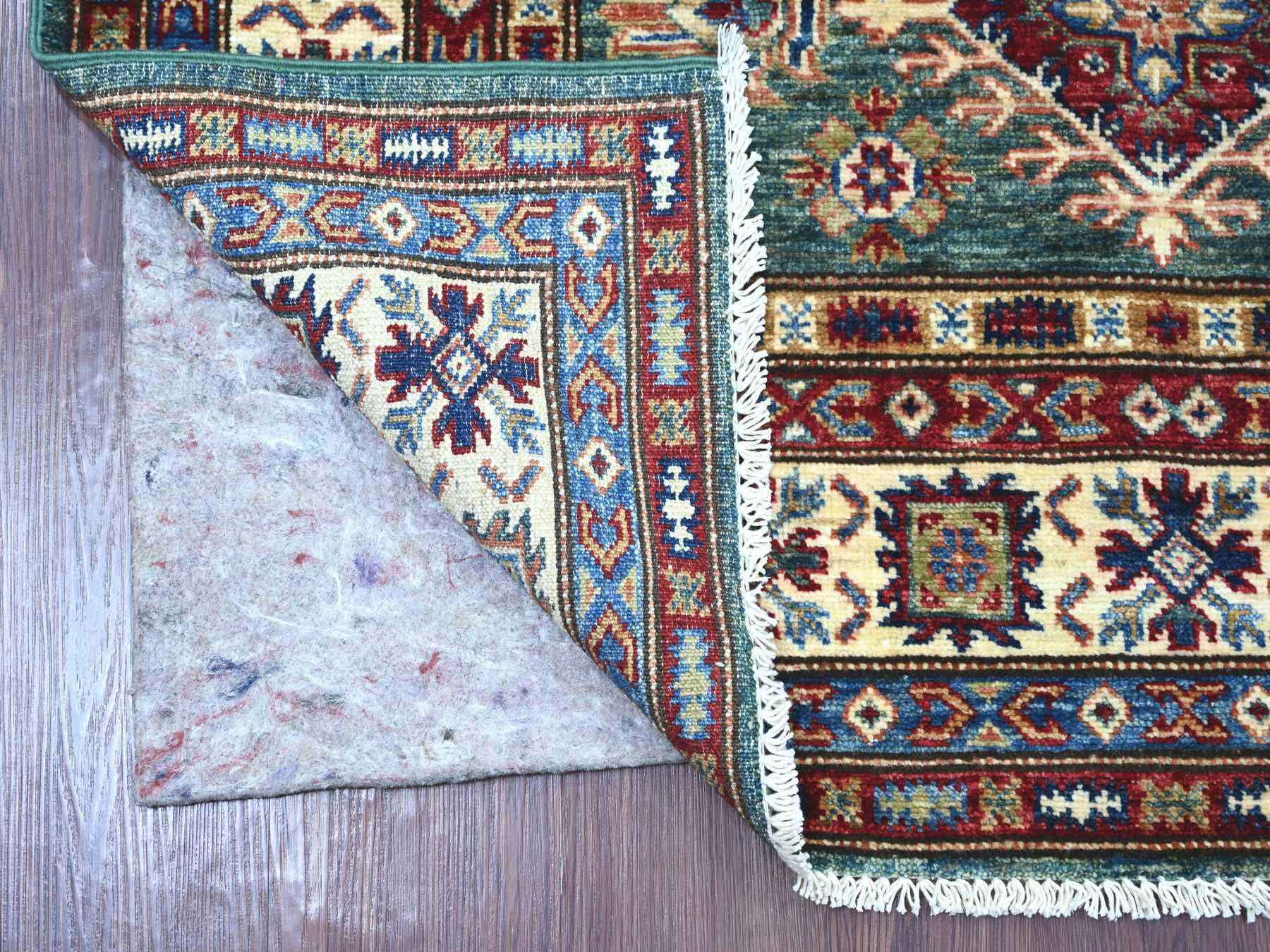 4'x6'7" Bottle Green, Afghan Super Kazak with Star Medallion Design, Hand Knotted, Pure Wool, Vegetable Dyes, Oriental Rug HR21350 - Image 2