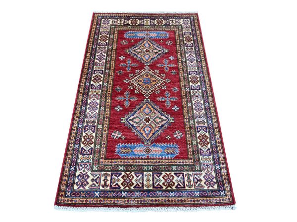 3'4"x5'7" Ruby Red, Afghan Super Kazak with Geometric Medallions Design, Hand Knotted, Pure Wool, Vegetable Dyes, Oriental Rug HR21351