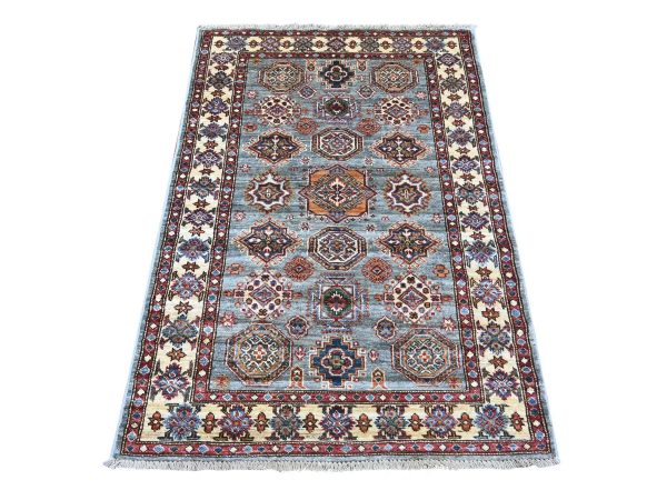 3'6"x5' Misty Gray, Afghan Super Kazak with Geometric Medallions Design, Hand Knotted, Pure Wool, Vegetable Dyes, Oriental Rug HR21353