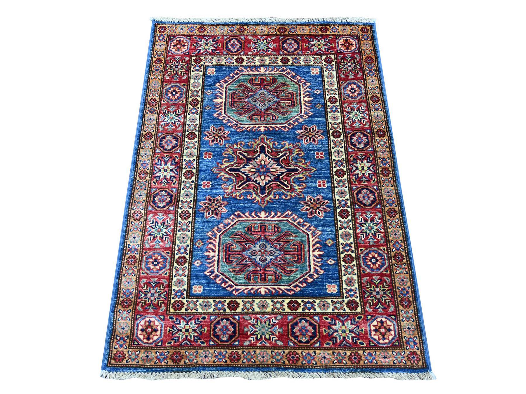2'9"x4' Bayern Blue, Afghan Super Kazak with Tribal Medallions Design, Hand Knotted, Pure Wool, Vegetable Dyes, Mat, Sample, Oriental Rug HR21361