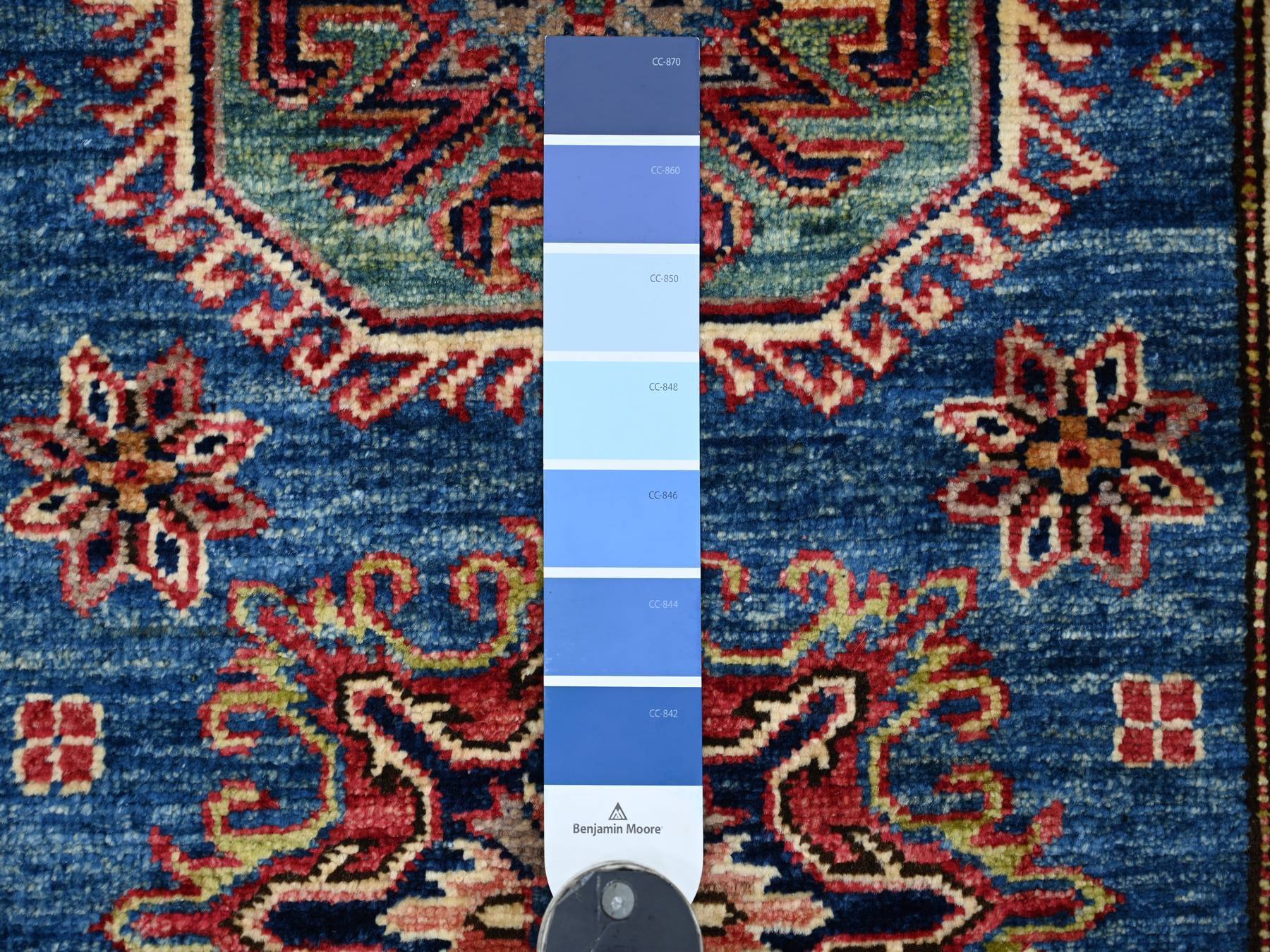 2'9"x4' Bayern Blue, Afghan Super Kazak with Tribal Medallions Design, Hand Knotted, Pure Wool, Vegetable Dyes, Mat, Sample, Oriental Rug HR21361 - Image 3