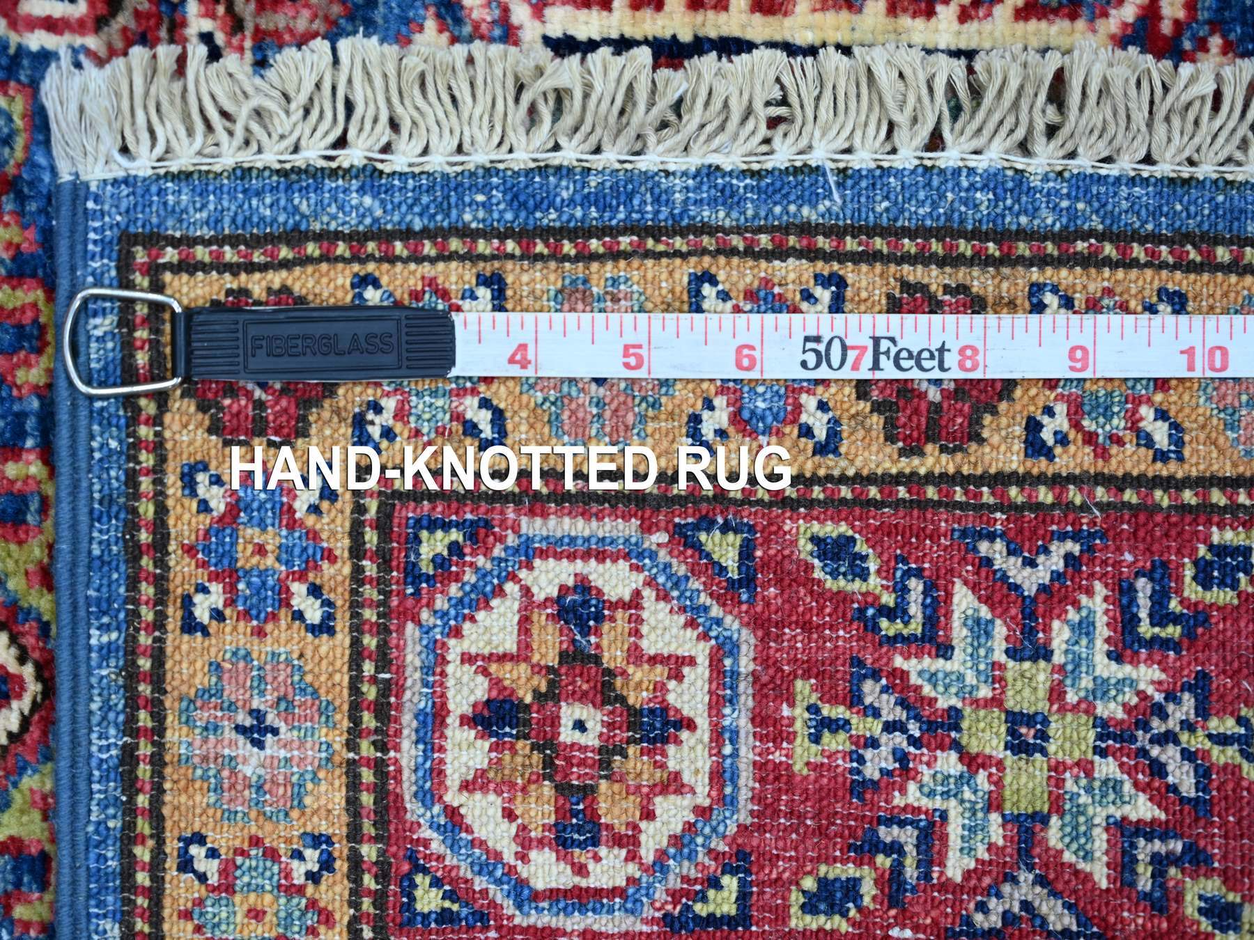 2'9"x4' Bayern Blue, Afghan Super Kazak with Tribal Medallions Design, Hand Knotted, Pure Wool, Vegetable Dyes, Mat, Sample, Oriental Rug HR21361 - Image 6