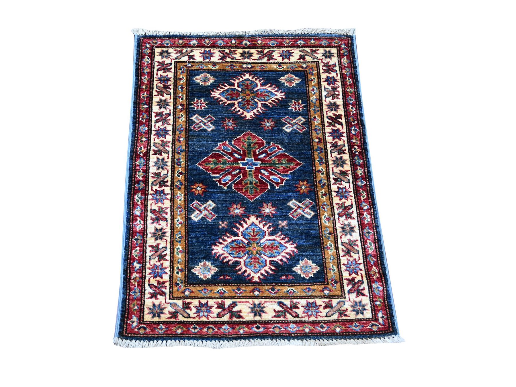 2'x2'8" Yale Blue, Afghan Super Kazak with Tribal Medallions Design, Hand Knotted, Pure Wool, Vegetable Dyes, Mat, Sample, Oriental Rug HR21362