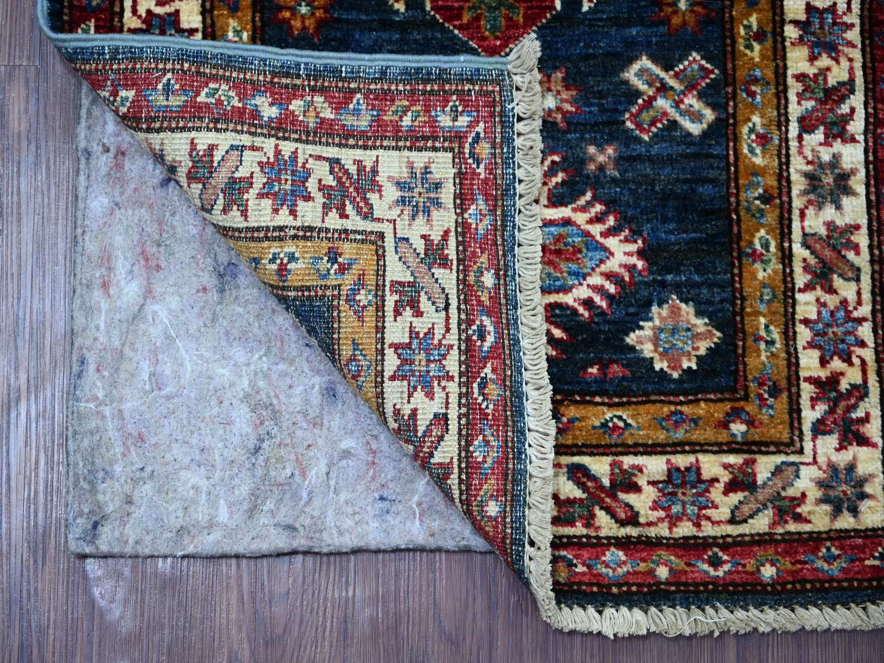 2'x2'8" Yale Blue, Afghan Super Kazak with Tribal Medallions Design, Hand Knotted, Pure Wool, Vegetable Dyes, Mat, Sample, Oriental Rug HR21362 - Image 2