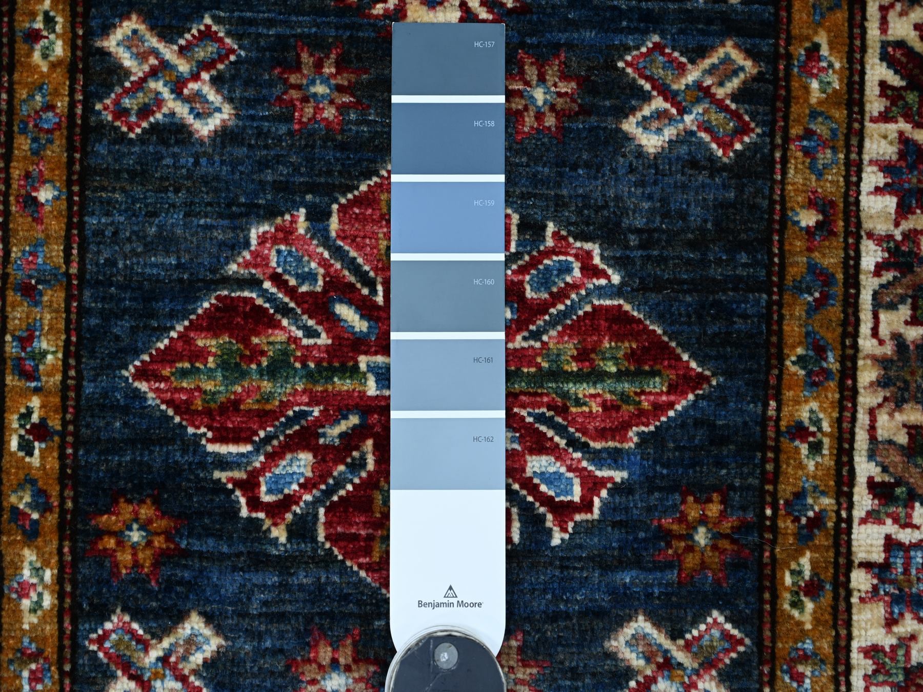 2'x2'8" Yale Blue, Afghan Super Kazak with Tribal Medallions Design, Hand Knotted, Pure Wool, Vegetable Dyes, Mat, Sample, Oriental Rug HR21362 - Image 3
