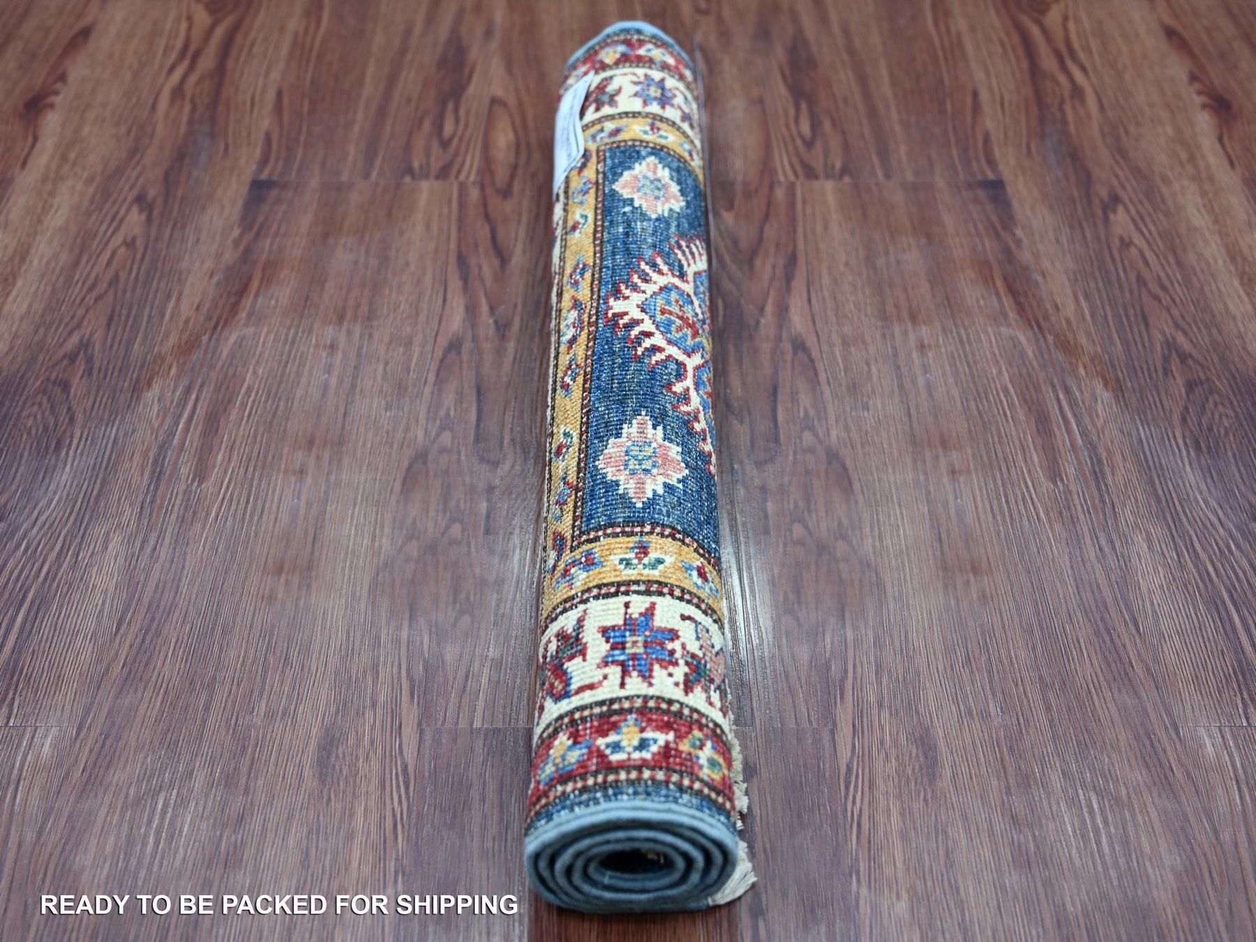 2'x2'8" Yale Blue, Afghan Super Kazak with Tribal Medallions Design, Hand Knotted, Pure Wool, Vegetable Dyes, Mat, Sample, Oriental Rug HR21362 - Image 4