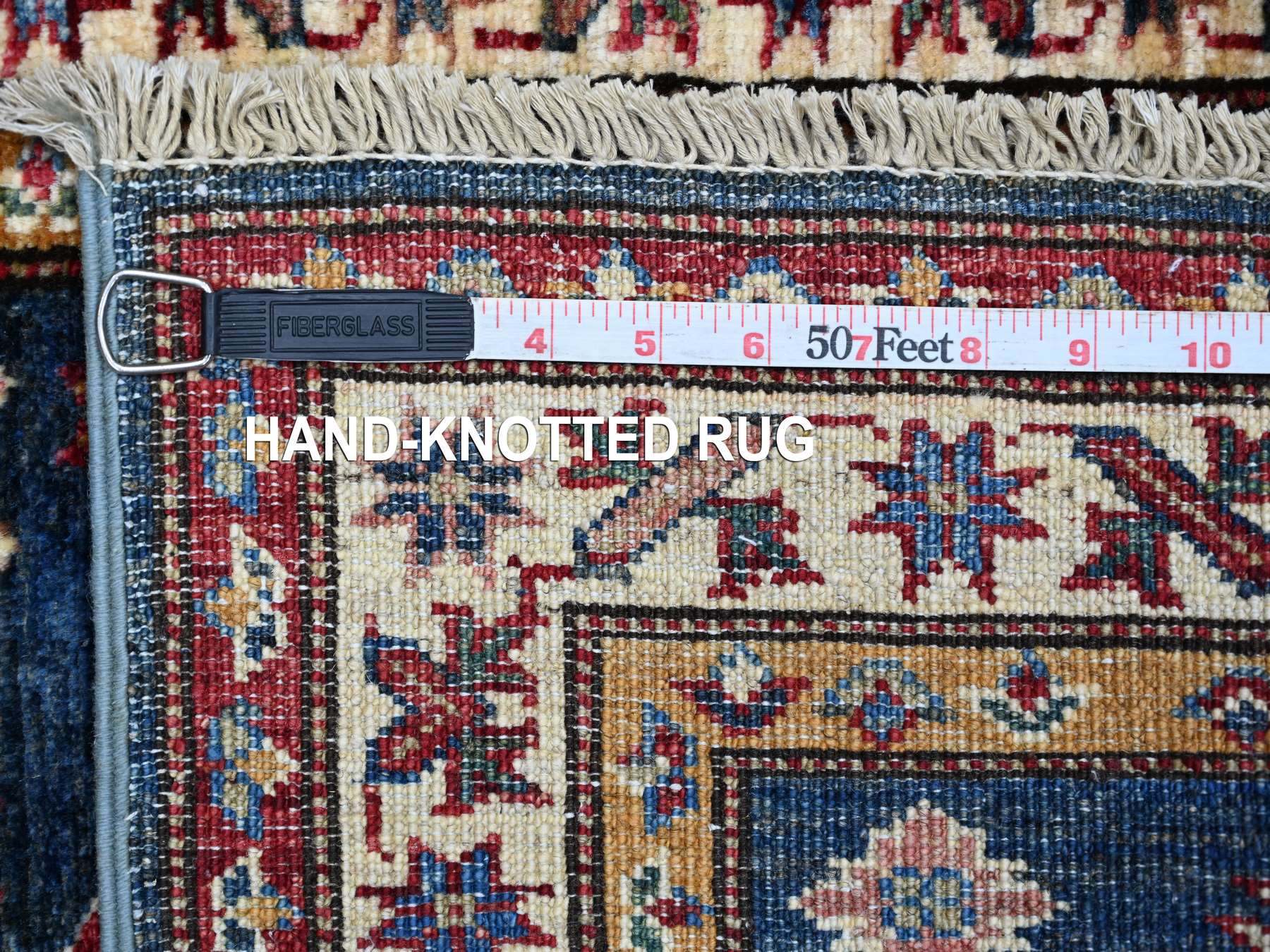 2'x2'8" Yale Blue, Afghan Super Kazak with Tribal Medallions Design, Hand Knotted, Pure Wool, Vegetable Dyes, Mat, Sample, Oriental Rug HR21362 - Image 6