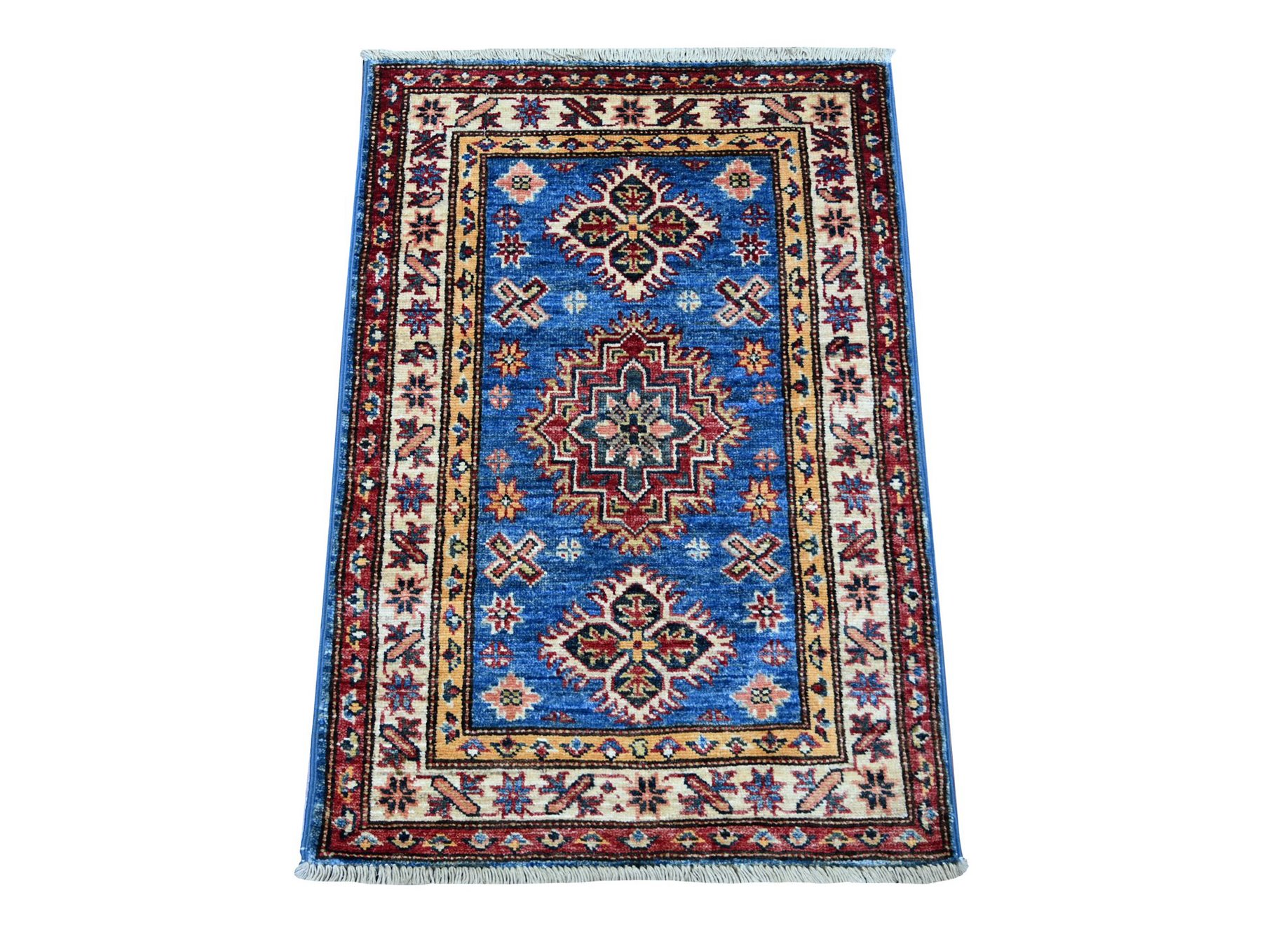 2'x2'10" Bayern Blue, Afghan Super Kazak with Geometric Medallions Design, Hand Knotted, Pure Wool, Vegetable Dyes, Mat, Sample, Oriental Rug HR21364