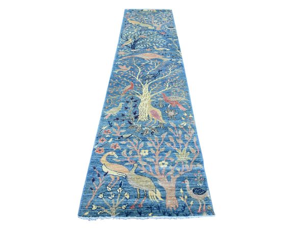 2'8"x11'8" Bayern Blue, Afghan Peshawar with Birds of Paradise Design, Hand Knotted, Soft and Shiny Wool, Vegetable Dyes, Runner, Oriental Rug HR21371