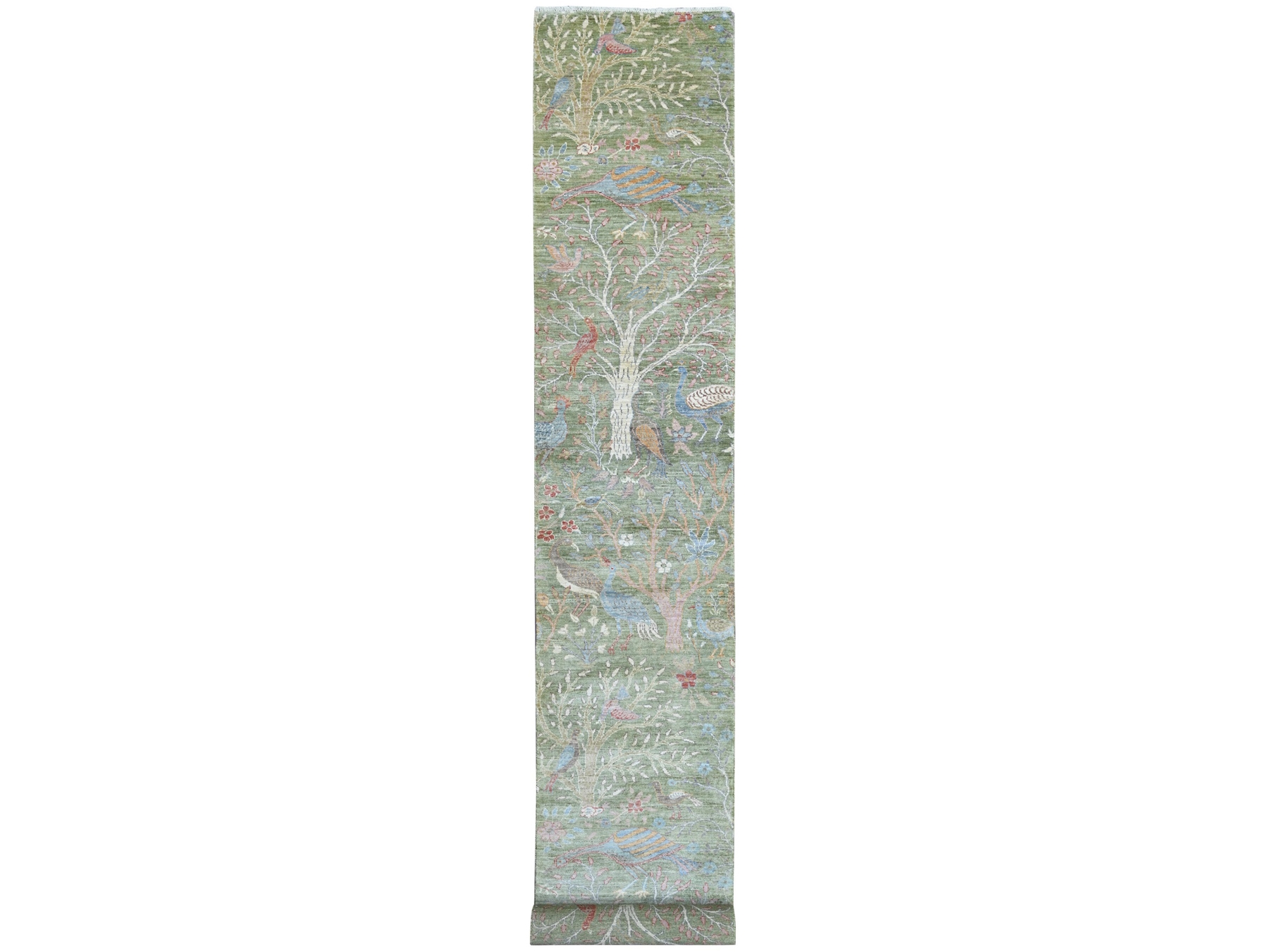 2'7"x17'7" Sage Green, Afghan Peshawar with Birds of Paradise Design, Hand Knotted, Soft Wool, Natural Dyes, XL Runner, Oriental Rug HR21380