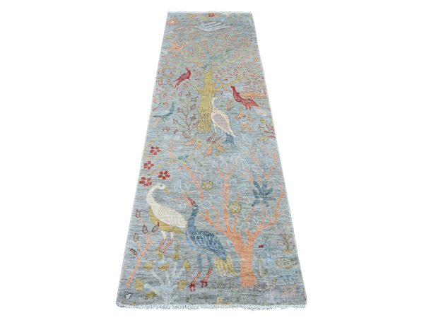 2'6"x8'1" Misty Gray, Afghan Peshawar with Birds of Paradise Design, Soft and Velvety Wool, Vegetable Dyes, Hand Knotted, Runner, Oriental Rug HR21381