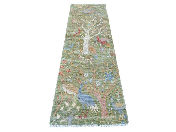 2'6"x8' Olive Green, Afghan Peshawar with Colorful Birds of Paradise Design, Hand Knotted, Soft Wool, Natural Dyes, Runner, Oriental Rug HR21384