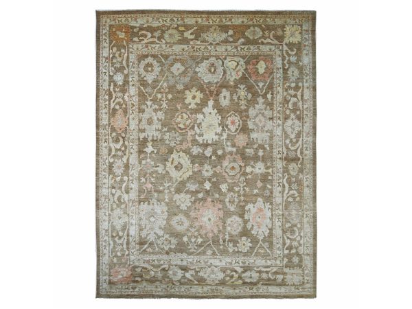 11'8"x15'5" Caramel Brown, Afghan Angora Oushak with All Over Leaf Pattern, Densely Woven, Hand Knotted, 100% Wool, XL, Oversized, Oriental Rug HR21388