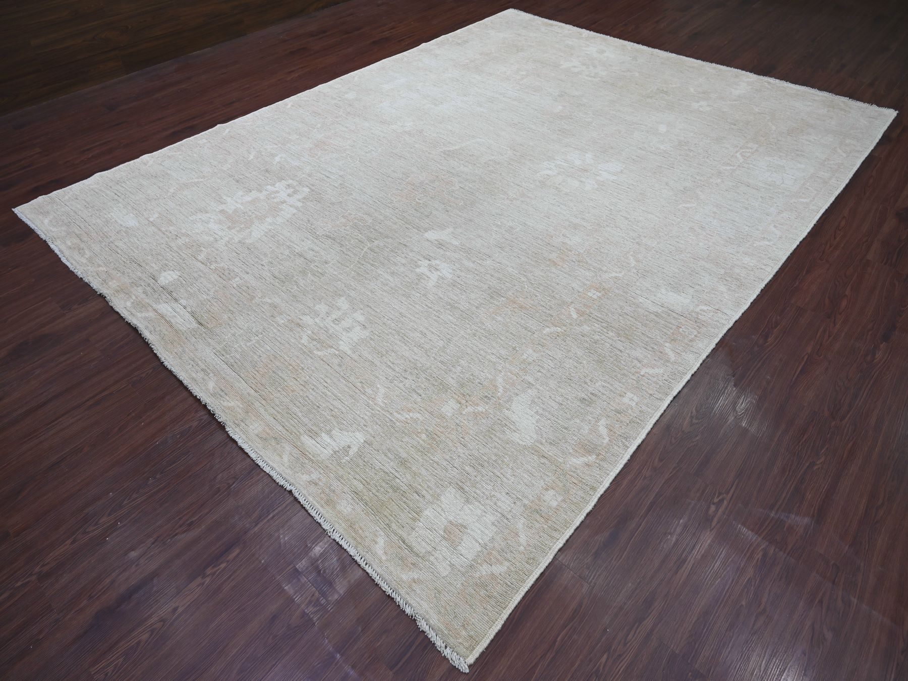 9'x12' Light Brown, Hand Knotted, Afghan Angora Oushak with Faded Out Leaf Design, Densely Woven, 100% Wool, Oriental Rug HR21396 - Image 3