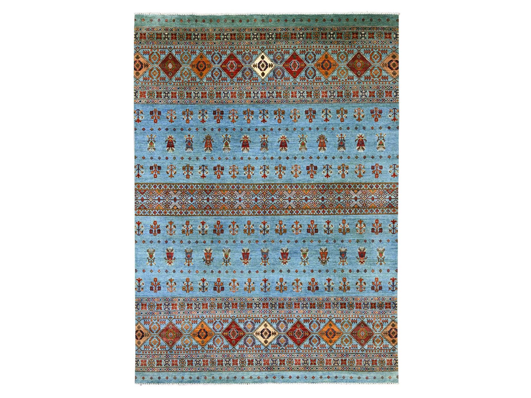 8'8"x12'1" Sky Blue, Afghan Super Kazak with Khorjin Design, Natural Dyes, Hand Knotted, Velvety Wool, Dense Weave, Oriental Rug HR21399