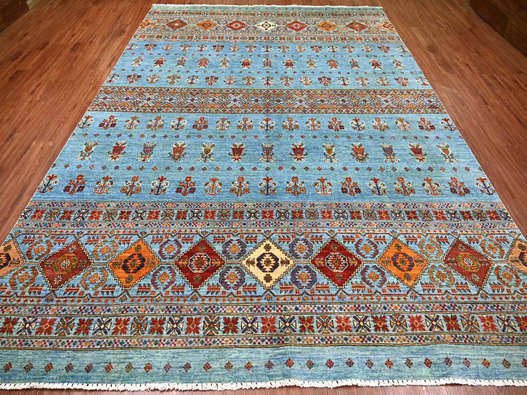 8'8"x12'1" Sky Blue, Afghan Super Kazak with Khorjin Design, Natural Dyes, Hand Knotted, Velvety Wool, Dense Weave, Oriental Rug HR21399 - Image 2