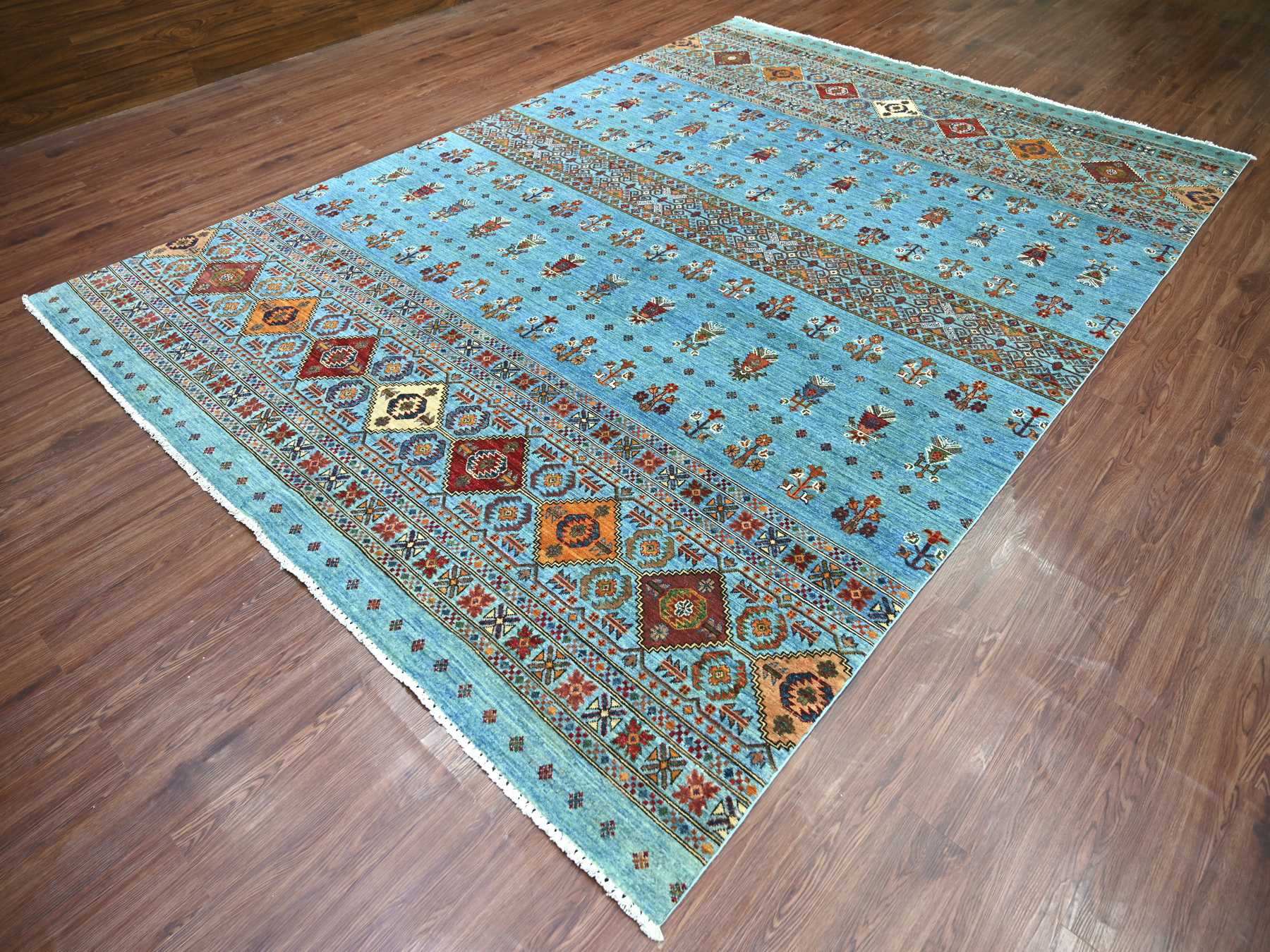 8'8"x12'1" Sky Blue, Afghan Super Kazak with Khorjin Design, Natural Dyes, Hand Knotted, Velvety Wool, Dense Weave, Oriental Rug HR21399 - Image 3