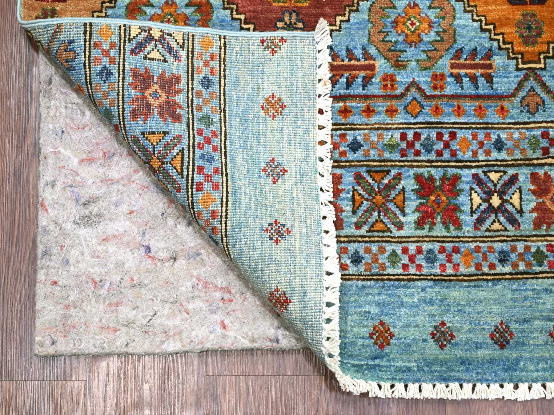 8'8"x12'1" Sky Blue, Afghan Super Kazak with Khorjin Design, Natural Dyes, Hand Knotted, Velvety Wool, Dense Weave, Oriental Rug HR21399 - Image 4