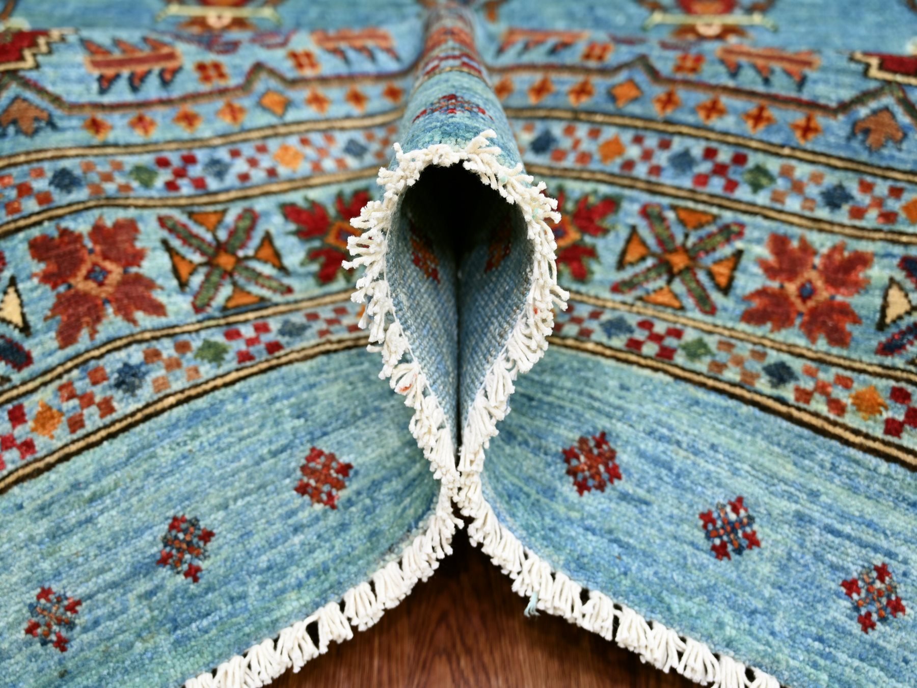 8'8"x12'1" Sky Blue, Afghan Super Kazak with Khorjin Design, Natural Dyes, Hand Knotted, Velvety Wool, Dense Weave, Oriental Rug HR21399 - Image 5