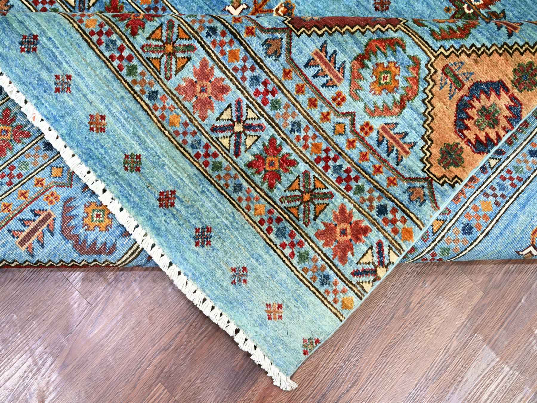 8'8"x12'1" Sky Blue, Afghan Super Kazak with Khorjin Design, Natural Dyes, Hand Knotted, Velvety Wool, Dense Weave, Oriental Rug HR21399 - Image 6