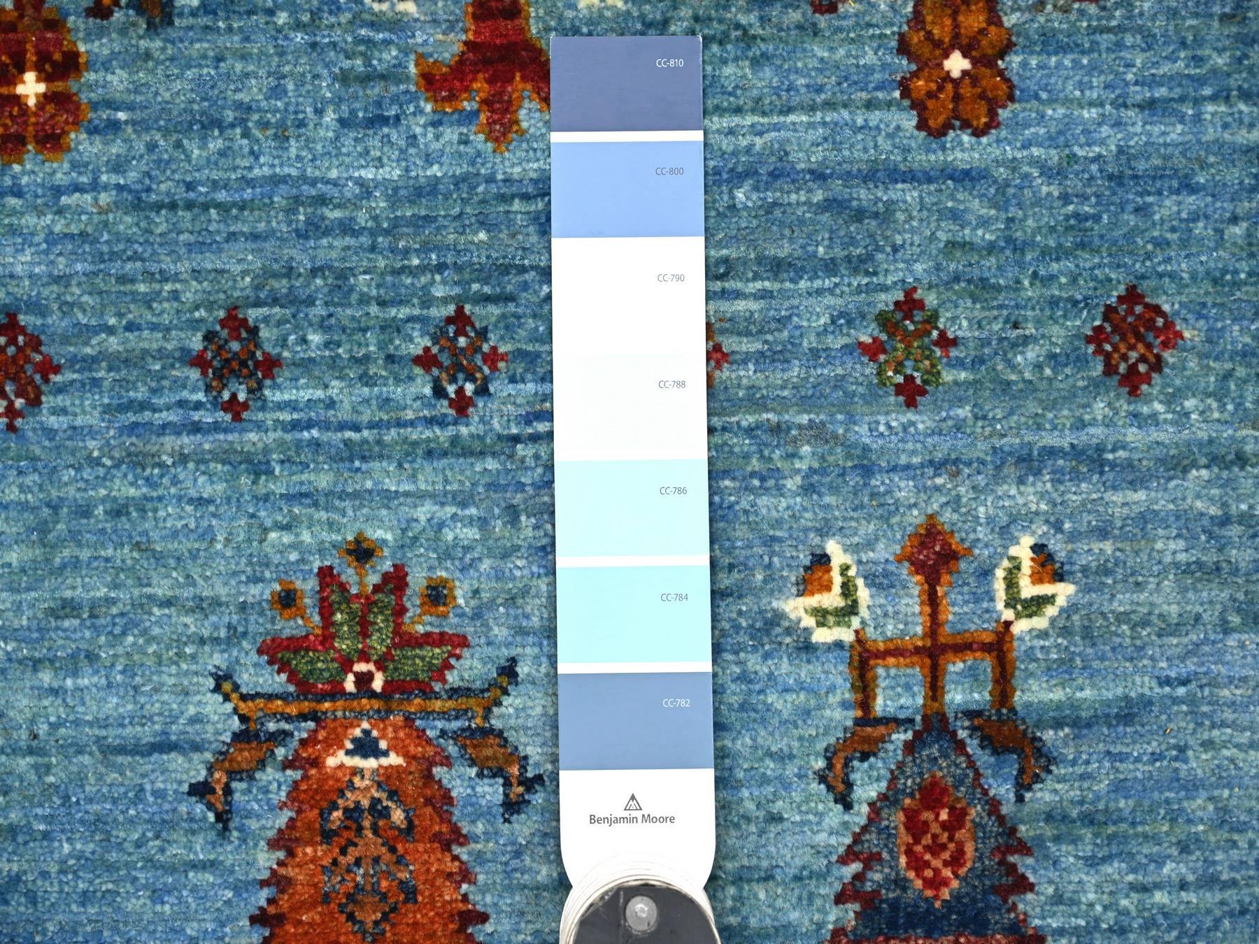 8'8"x12'1" Sky Blue, Afghan Super Kazak with Khorjin Design, Natural Dyes, Hand Knotted, Velvety Wool, Dense Weave, Oriental Rug HR21399 - Image 7