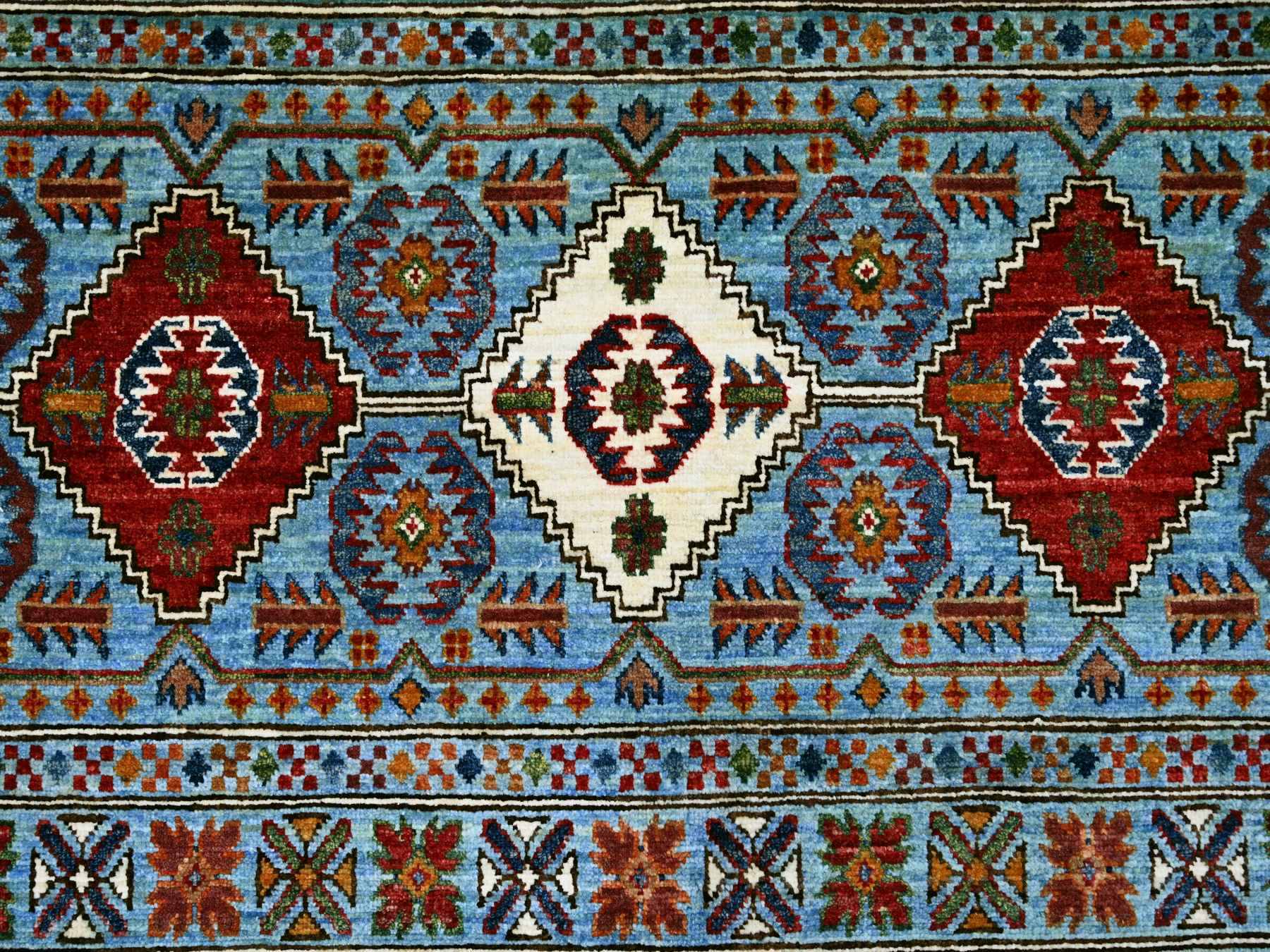 8'8"x12'1" Sky Blue, Afghan Super Kazak with Khorjin Design, Natural Dyes, Hand Knotted, Velvety Wool, Dense Weave, Oriental Rug HR21399 - Image 8