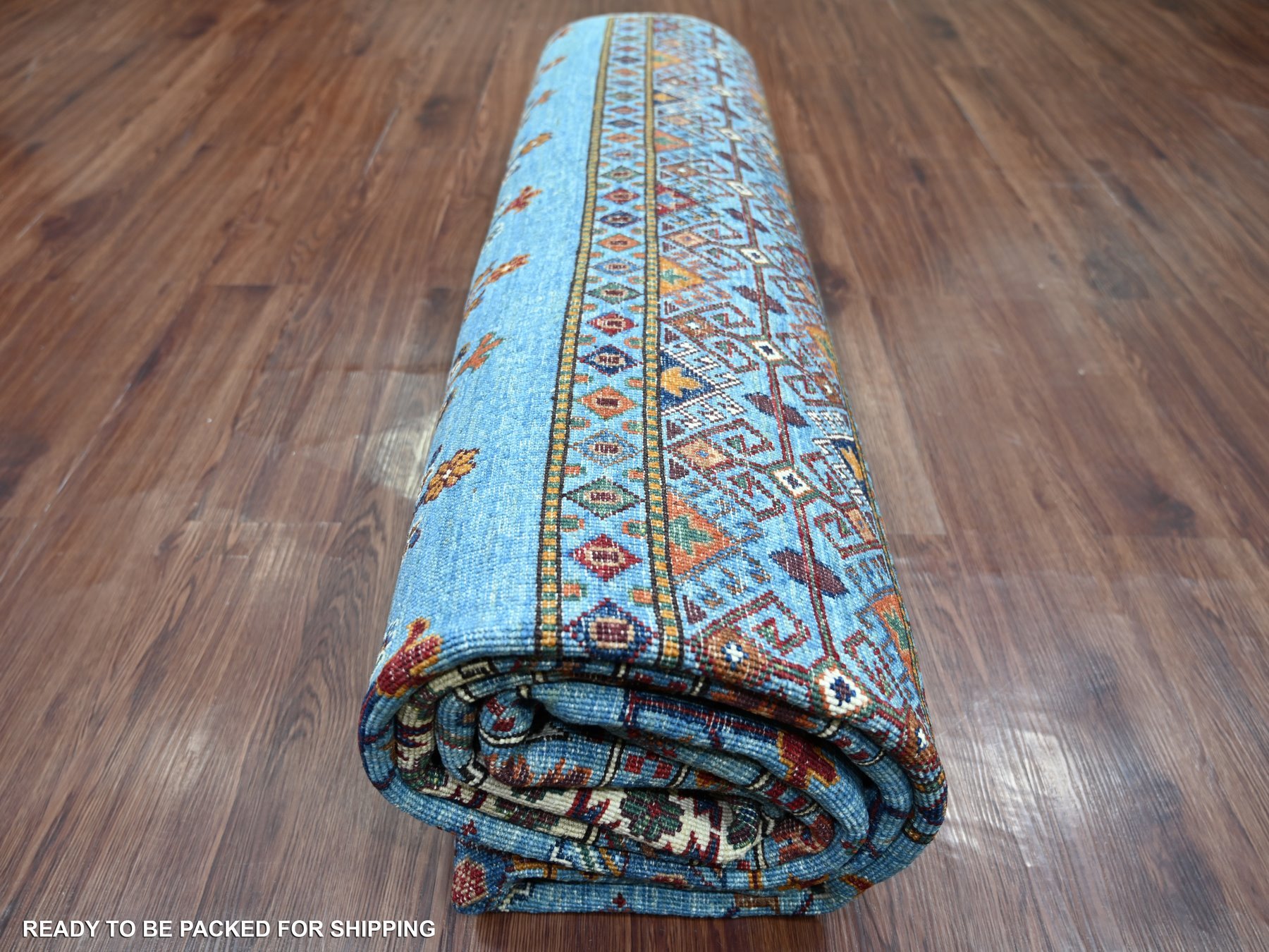 8'8"x12'1" Sky Blue, Afghan Super Kazak with Khorjin Design, Natural Dyes, Hand Knotted, Velvety Wool, Dense Weave, Oriental Rug HR21399 - Image 9