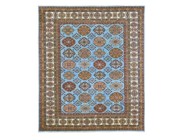8'x9'4" Cerulean Blue, Afghan Super Kazak with Geometric Medallions Design, Hand Knotted, Pure Wool, Vegetable Dyes, Oriental Rug HR21401