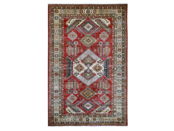 5'10"x9' Lychee Red, Afghan Super Kazak with Geometric Design, Hand Knotted, Soft and Shiny Wool, Vegetable Dyes, Oriental Rug HR21407
