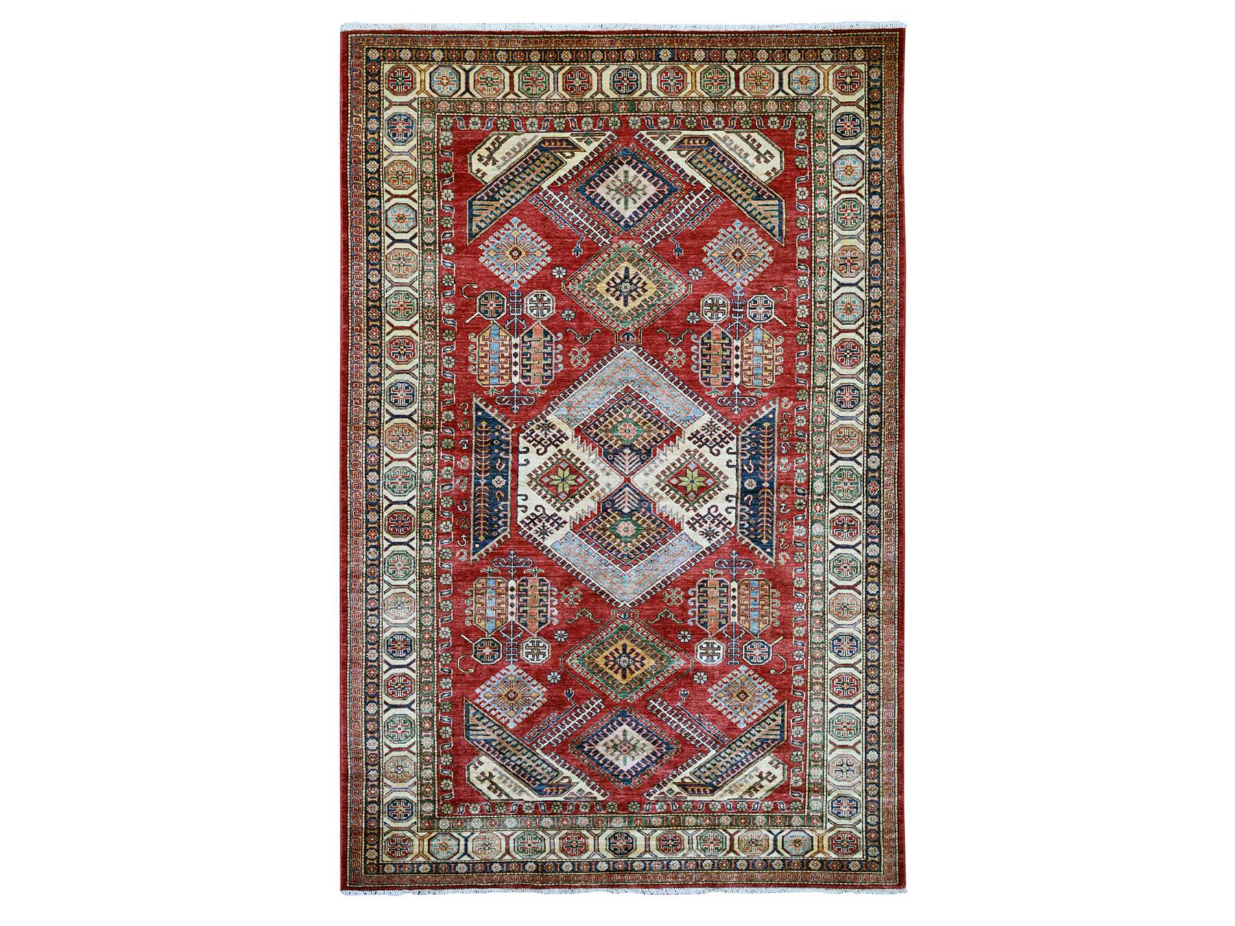 5'10"x9' Lychee Red, Afghan Super Kazak with Geometric Design, Hand Knotted, Soft and Shiny Wool, Vegetable Dyes, Oriental Rug HR21407