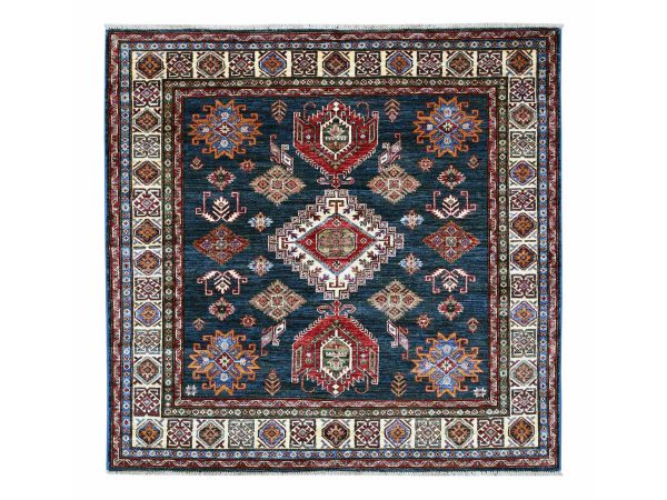 6'x6' Yale Blue, Afghan Super Kazak with Geometric Medallion Design, Hand Knotted, Pure Wool, Vegetable Dyes, Square, Oriental Rug HR21408