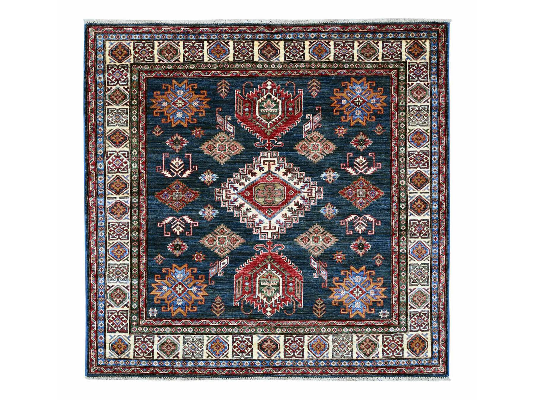 6'x6' Yale Blue, Afghan Super Kazak with Geometric Medallion Design, Hand Knotted, Pure Wool, Vegetable Dyes, Square, Oriental Rug HR21408