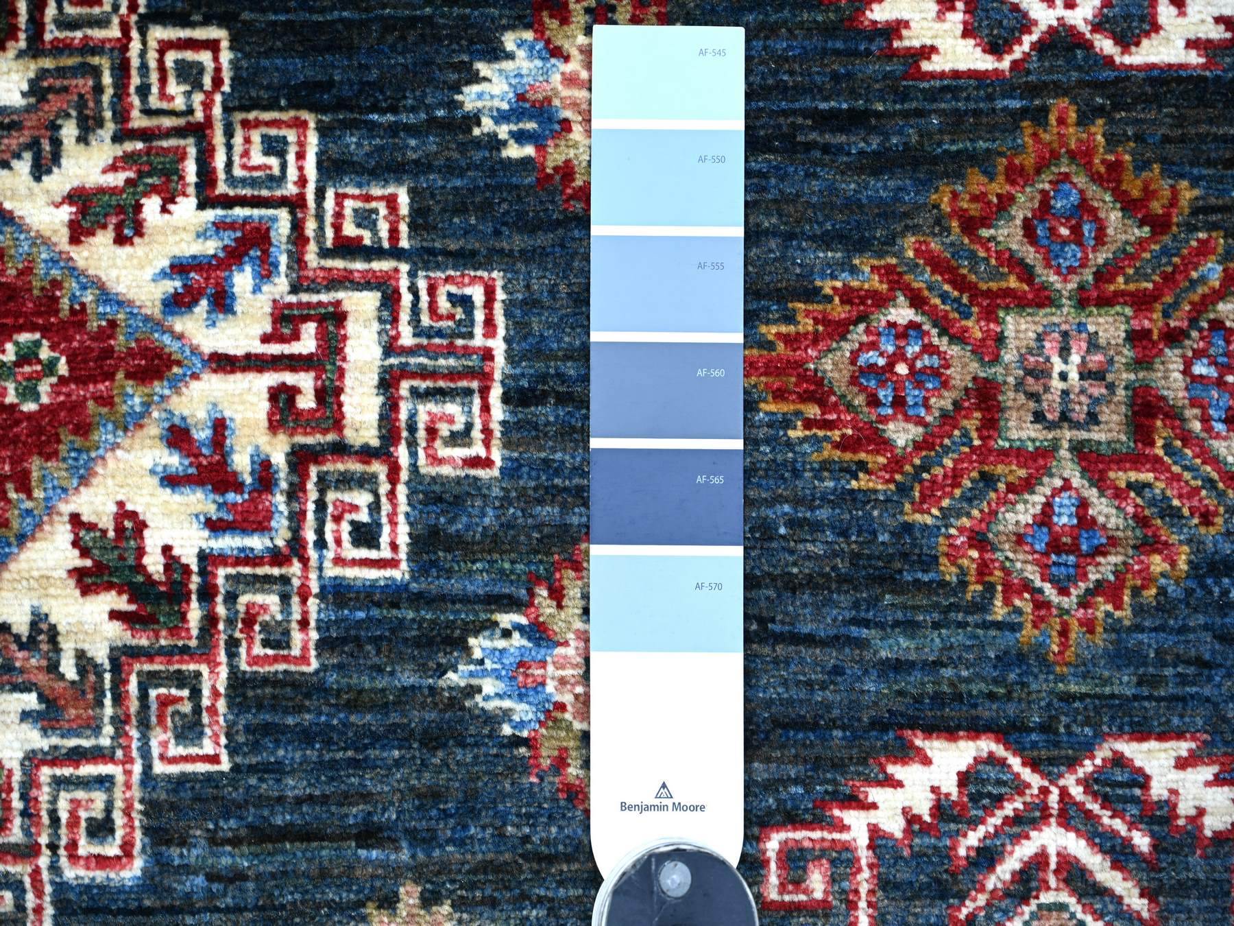 6'x6' Yale Blue, Afghan Super Kazak with Geometric Medallion Design, Hand Knotted, Pure Wool, Vegetable Dyes, Square, Oriental Rug HR21408 - Image 3