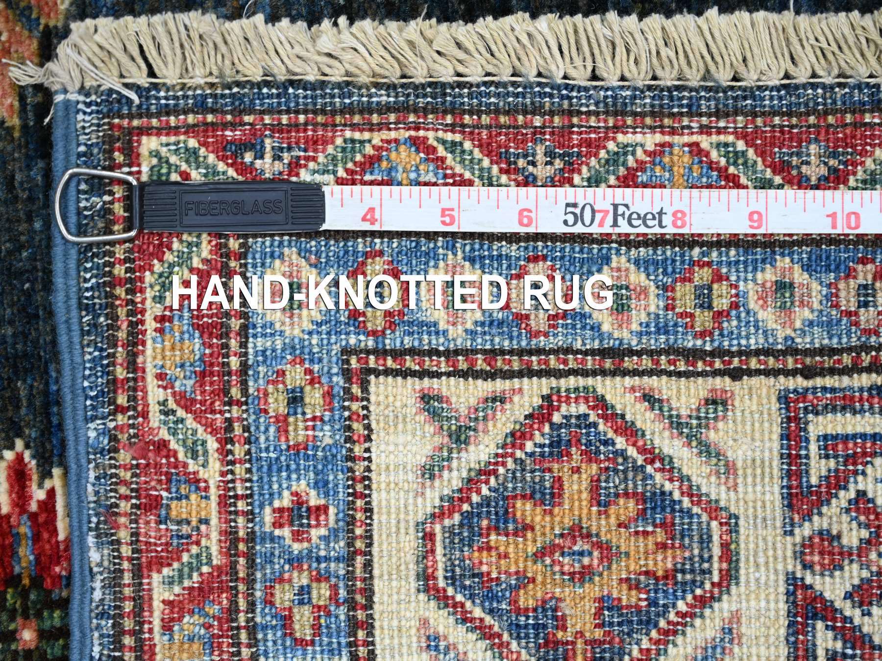 6'x6' Yale Blue, Afghan Super Kazak with Geometric Medallion Design, Hand Knotted, Pure Wool, Vegetable Dyes, Square, Oriental Rug HR21408 - Image 6