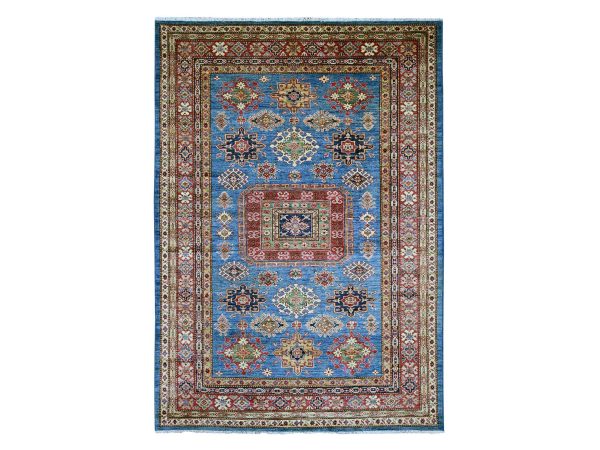 6'2"x8'10" Bayern Blue, Afghan Super Kazak with Geometric Medallion Design, Hand Knotted, Pure Wool, Vegetable Dyes, Oriental Rug HR21410