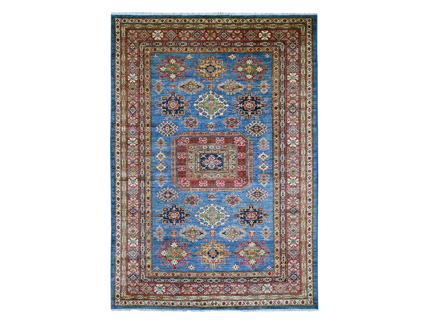 6'2"x8'10" Bayern Blue, Afghan Super Kazak with Geometric Medallion Design, Hand Knotted, Pure Wool, Vegetable Dyes, Oriental Rug HR21410