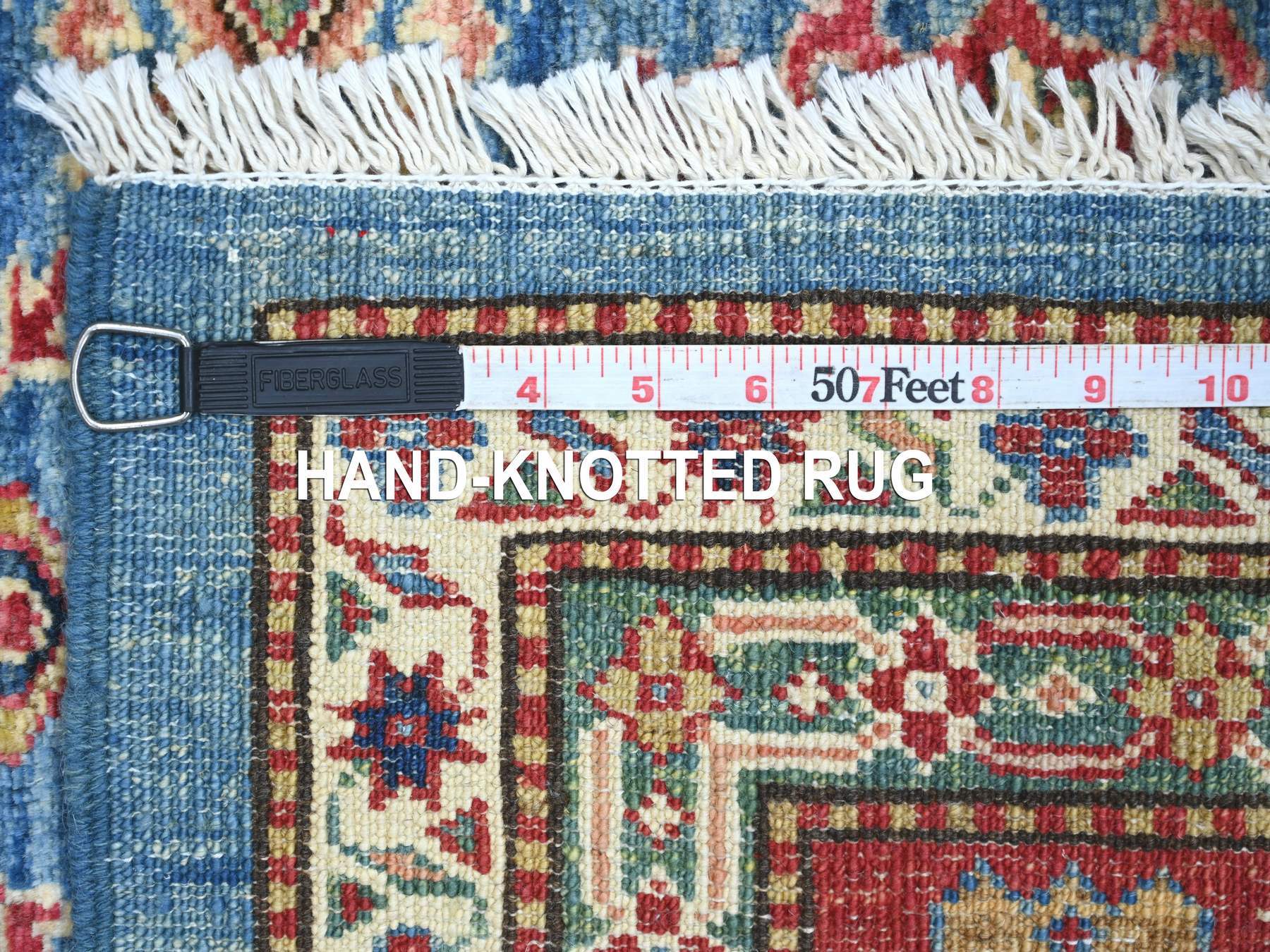6'2"x8'10" Bayern Blue, Afghan Super Kazak with Geometric Medallion Design, Hand Knotted, Pure Wool, Vegetable Dyes, Oriental Rug HR21410 - Image 6