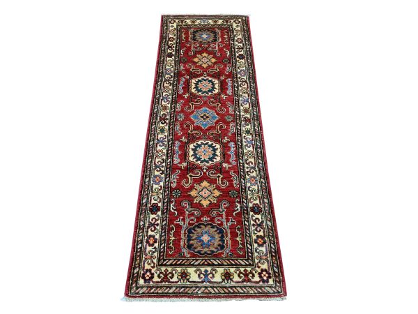 2'x6' Crimson Red, Afghan Super Kazak with Tribal Medallions Design, Hand Knotted, Pure Wool, Vegetable Dyes, Narrow Runner, Oriental Rug HR21411
