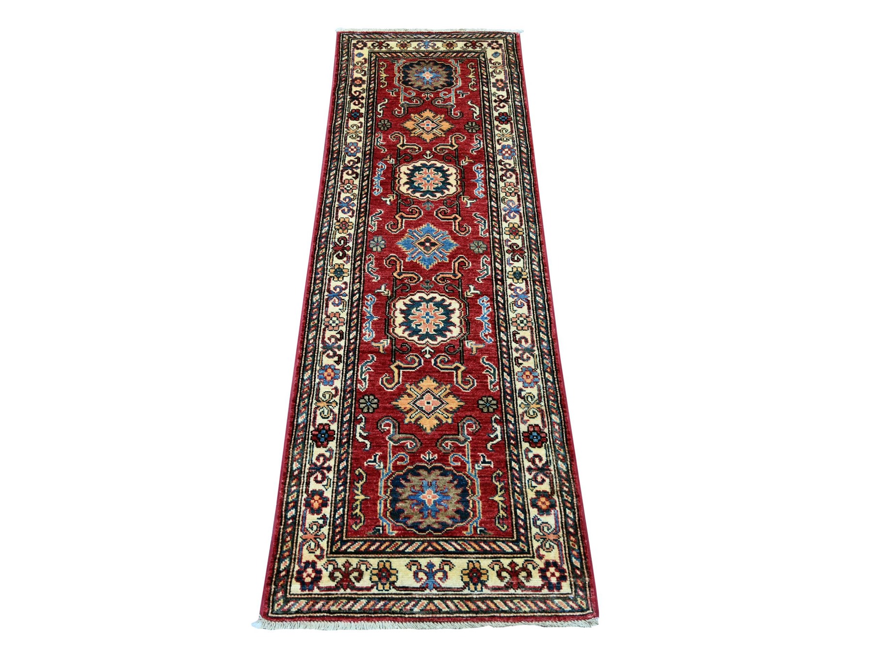 2'x6' Crimson Red, Afghan Super Kazak with Tribal Medallions Design, Hand Knotted, Pure Wool, Vegetable Dyes, Narrow Runner, Oriental Rug HR21411
