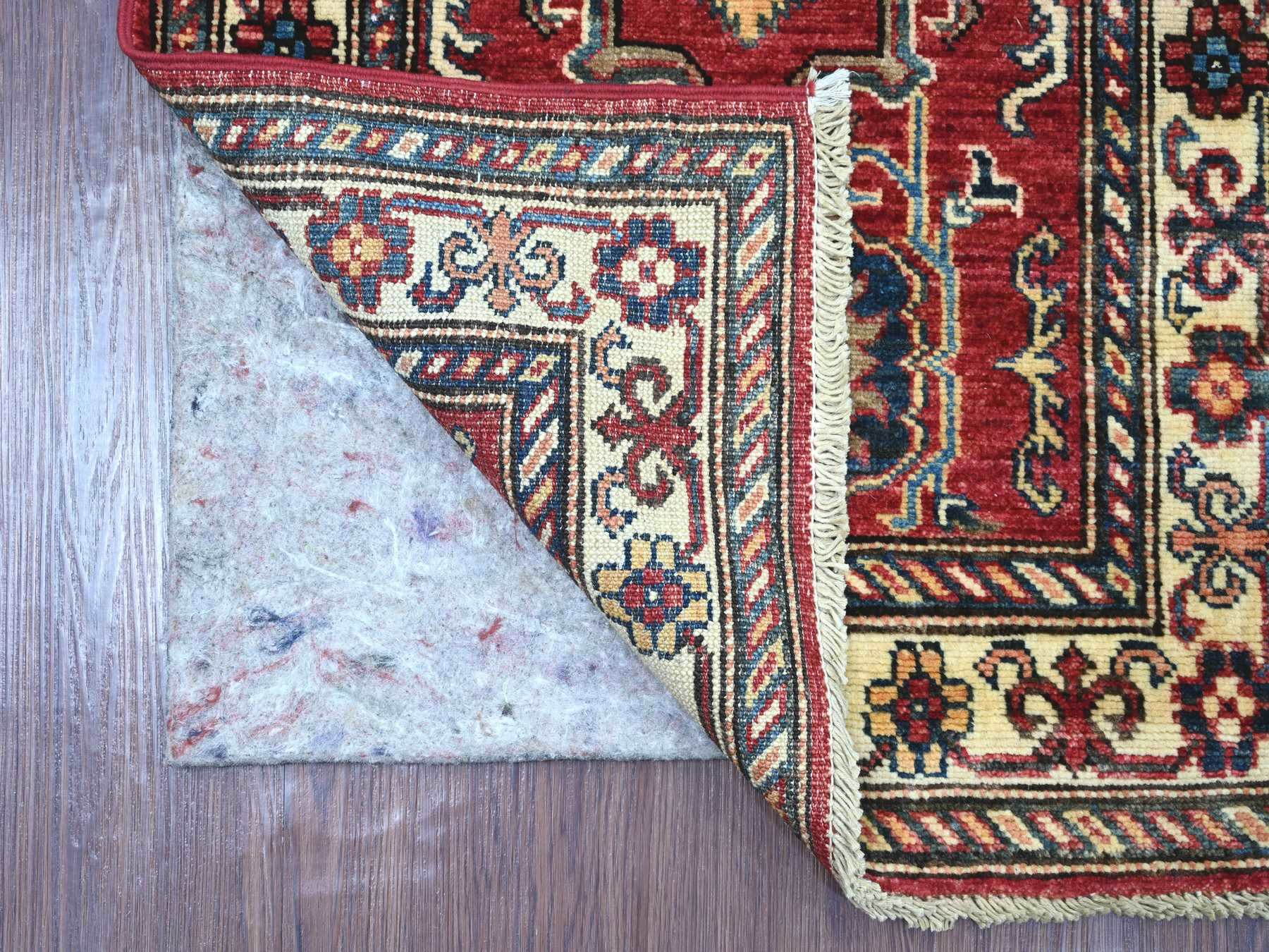 2'x6' Crimson Red, Afghan Super Kazak with Tribal Medallions Design, Hand Knotted, Pure Wool, Vegetable Dyes, Narrow Runner, Oriental Rug HR21411 - Image 2