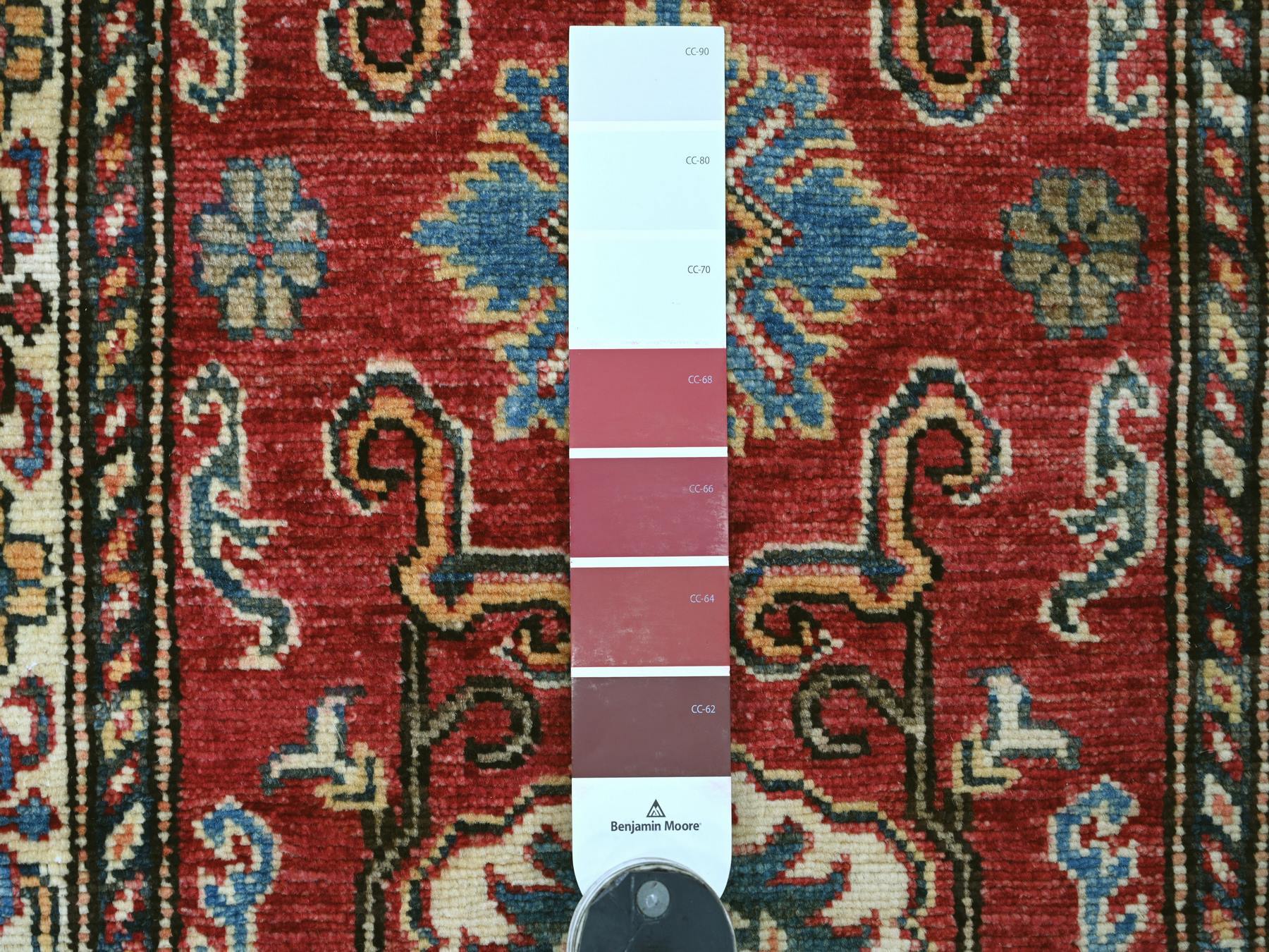 2'x6' Crimson Red, Afghan Super Kazak with Tribal Medallions Design, Hand Knotted, Pure Wool, Vegetable Dyes, Narrow Runner, Oriental Rug HR21411 - Image 3